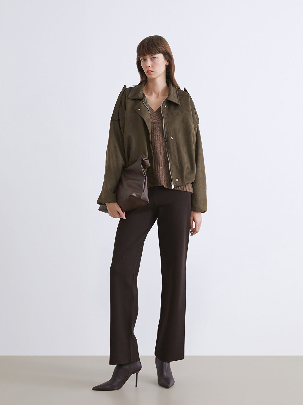 Haki Gömlek Yaka Süet Görünümlü Kadın Bomber Ceket-1