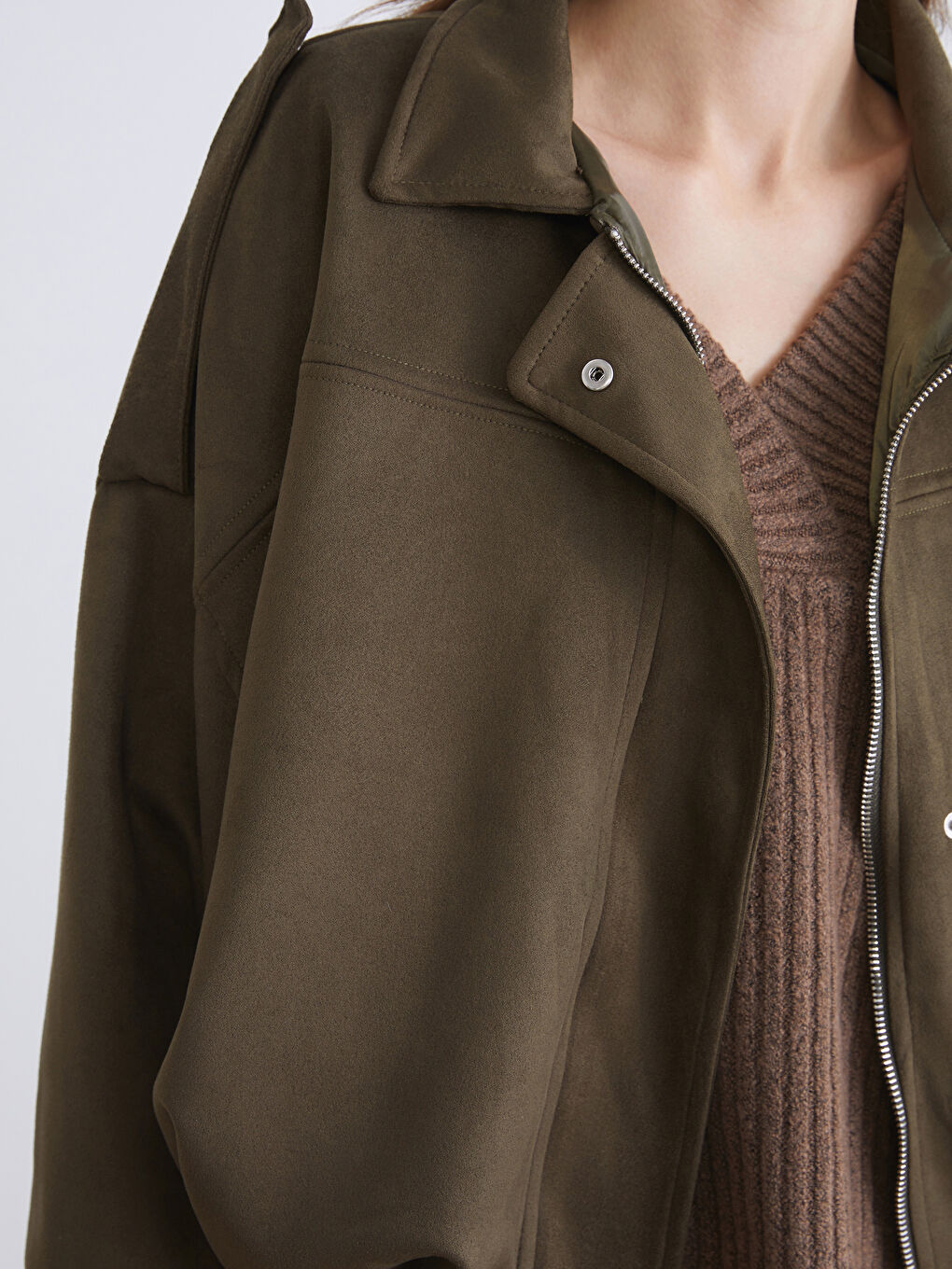 Haki Gömlek Yaka Süet Görünümlü Kadın Bomber Ceket-2