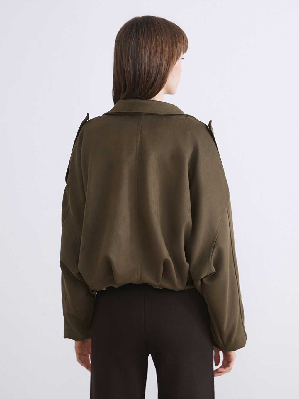 Haki Gömlek Yaka Süet Görünümlü Kadın Bomber Ceket-3