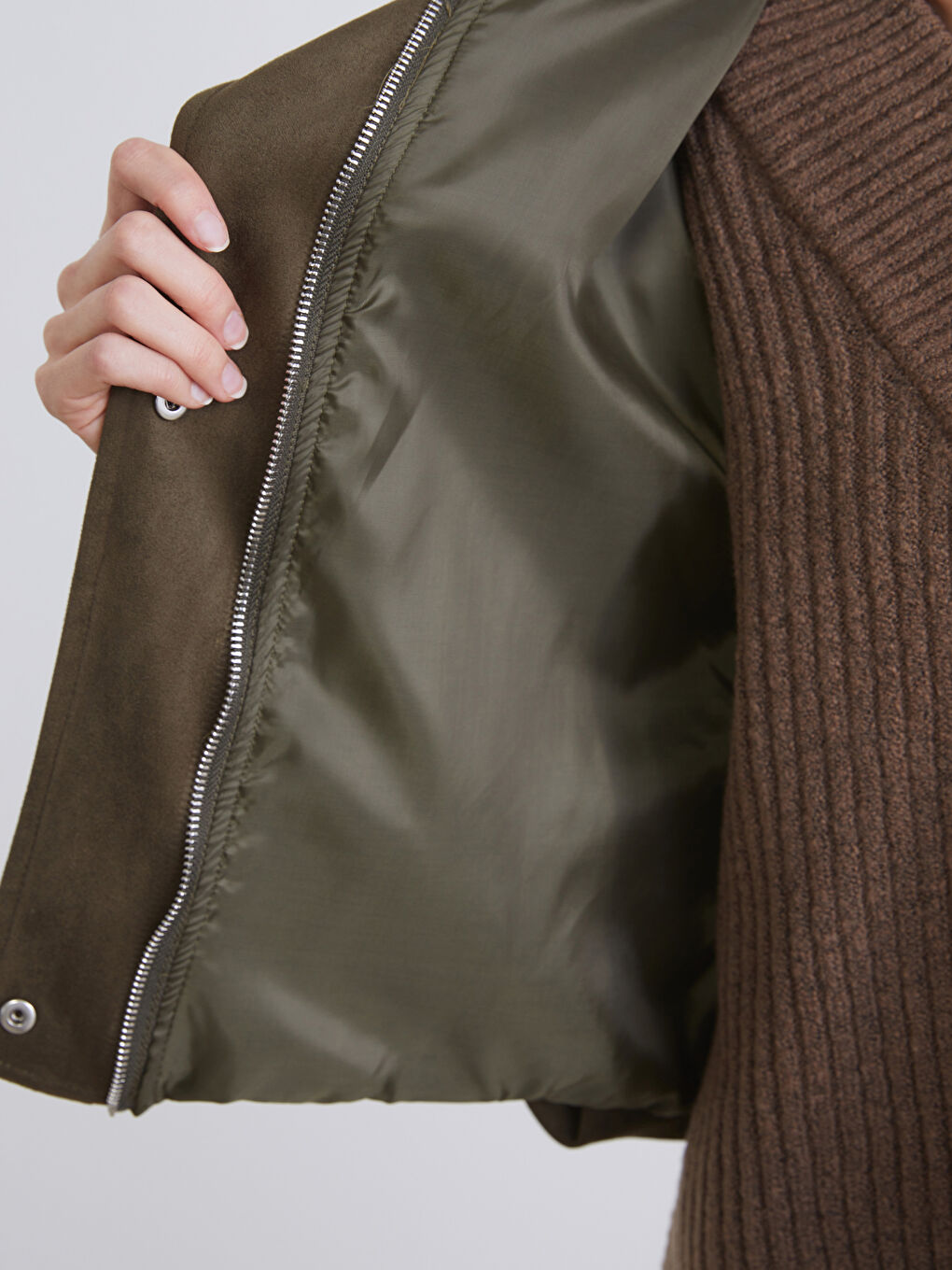 Haki Gömlek Yaka Süet Görünümlü Kadın Bomber Ceket-4