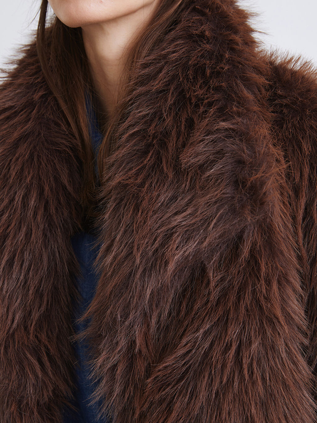 Kahverengi Ceket Yaka Kadın Kürk Mont-2