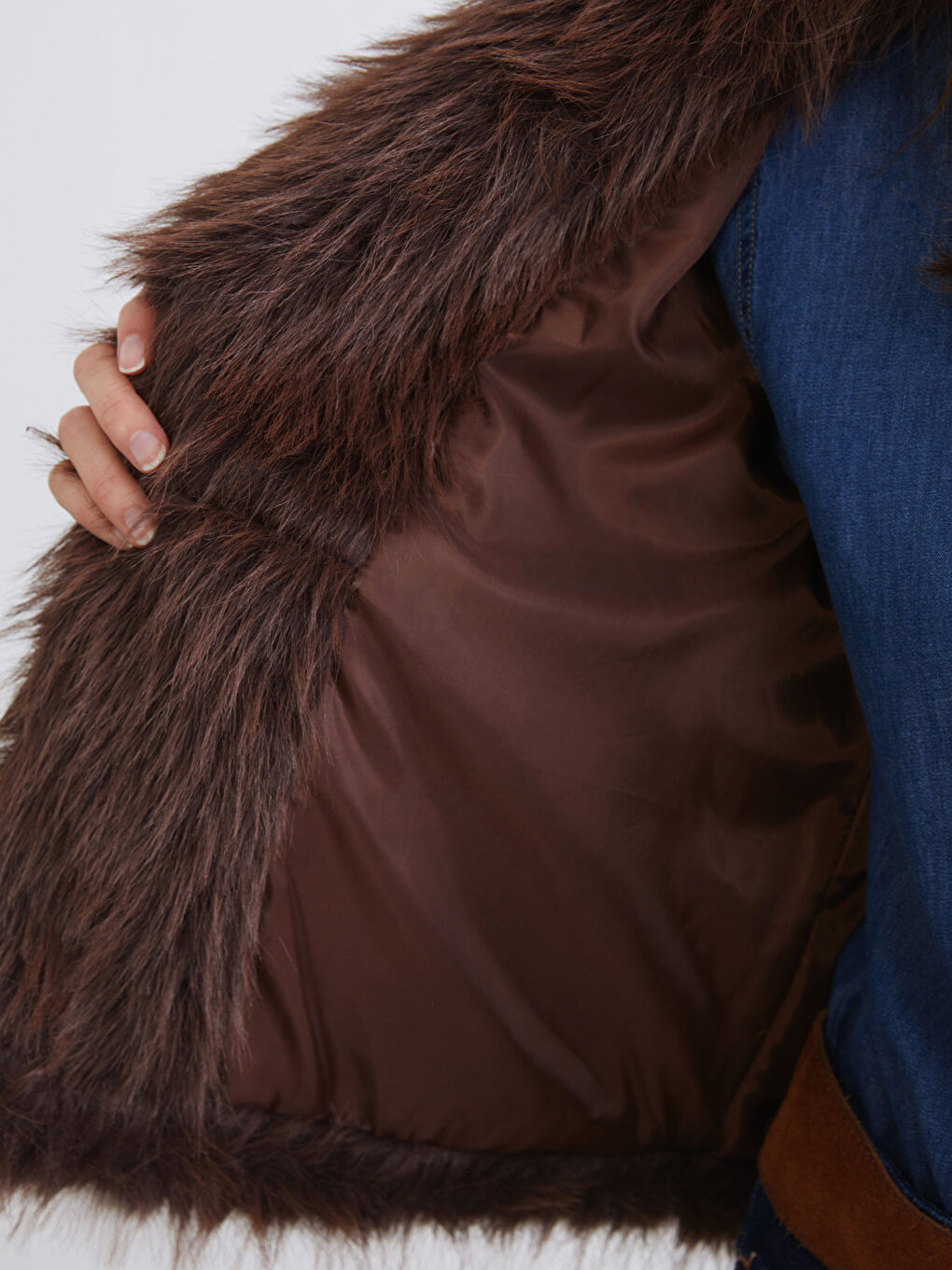 Kahverengi Ceket Yaka Kadın Kürk Mont-3