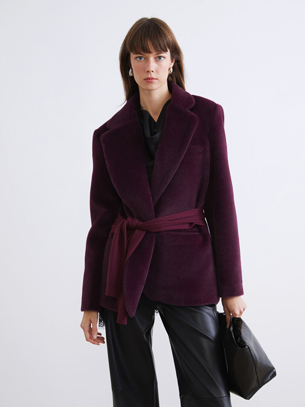 Mor Beli Kuşaklı Kadın Pelüş Ceket