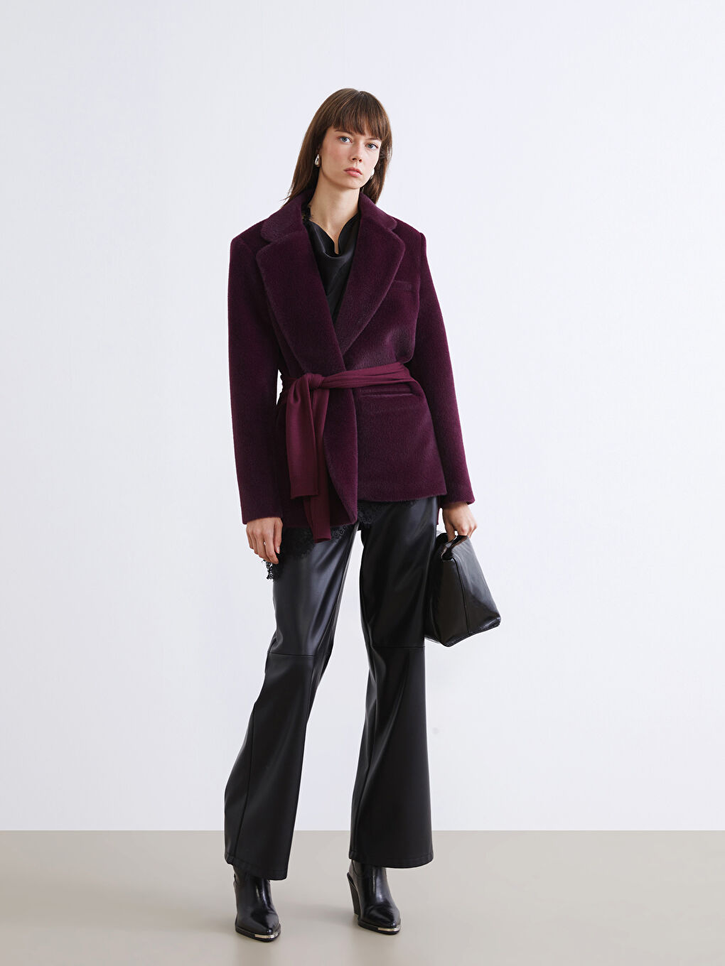 Mor Beli Kuşaklı Kadın Pelüş Ceket-1