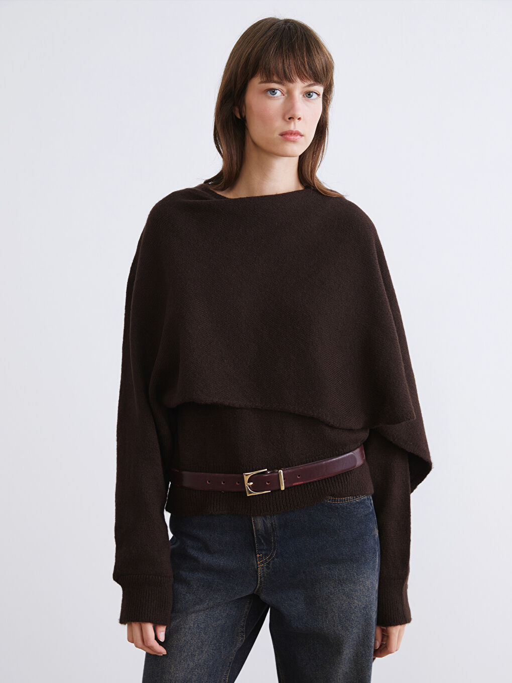 Kahverengi Atkılı Bisiklet Yaka Kadın Triko Kazak