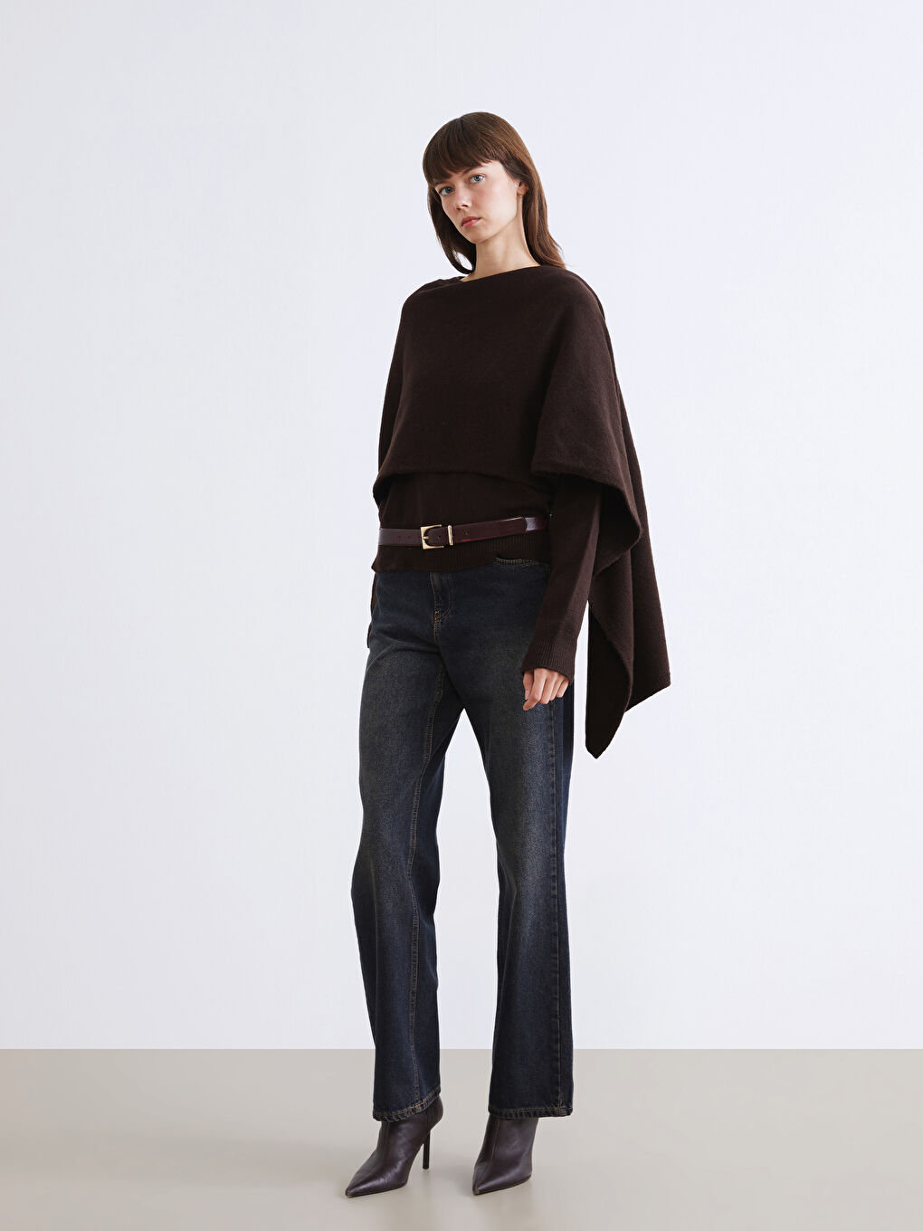 Kahverengi Atkılı Bisiklet Yaka Kadın Triko Kazak-1