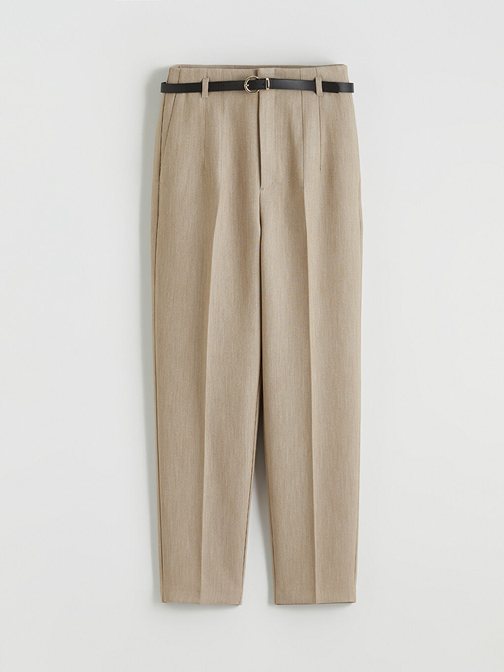 Bej Beli Kemerli Dar Fit Kadın Pileli Pantolon-4