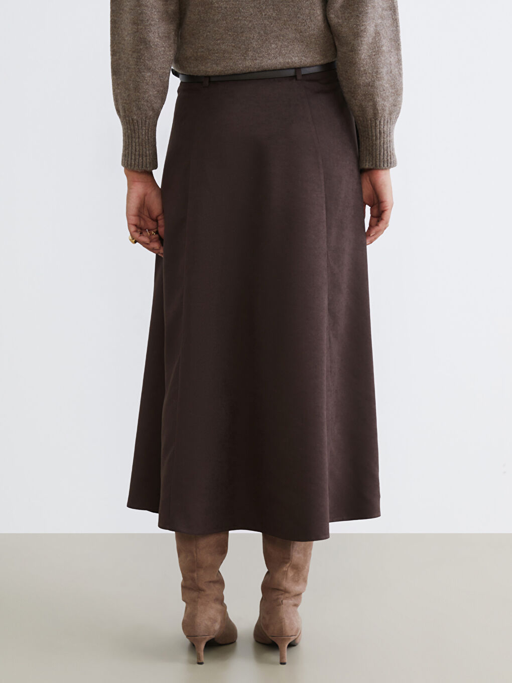 Kahverengi Beli Fermuarlı Süet Görünümlü A Kesim Etek-4