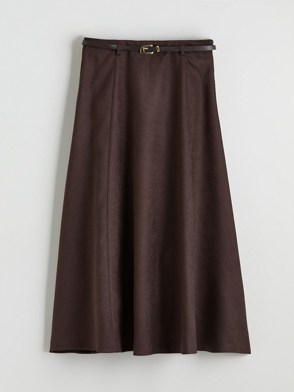 Kahverengi Beli Fermuarlı Süet Görünümlü A Kesim Etek-5