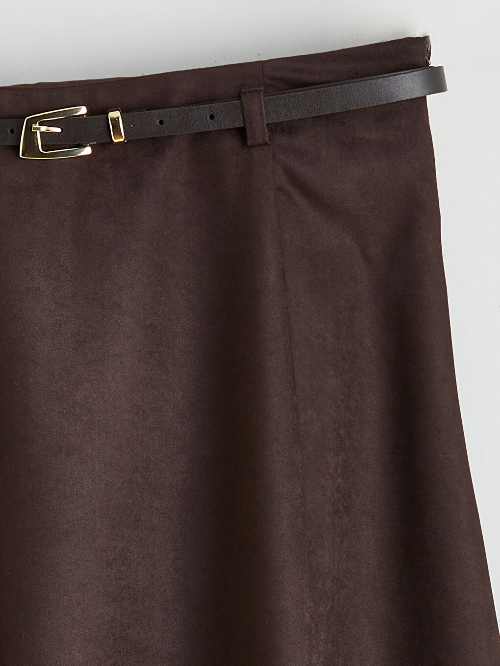 Kahverengi Beli Fermuarlı Süet Görünümlü A Kesim Etek-6