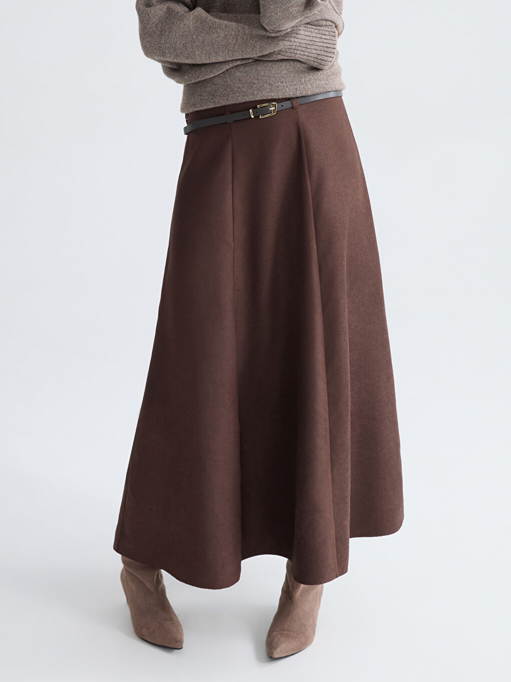 Kahverengi Beli Fermuarlı Süet Görünümlü A Kesim Etek-1