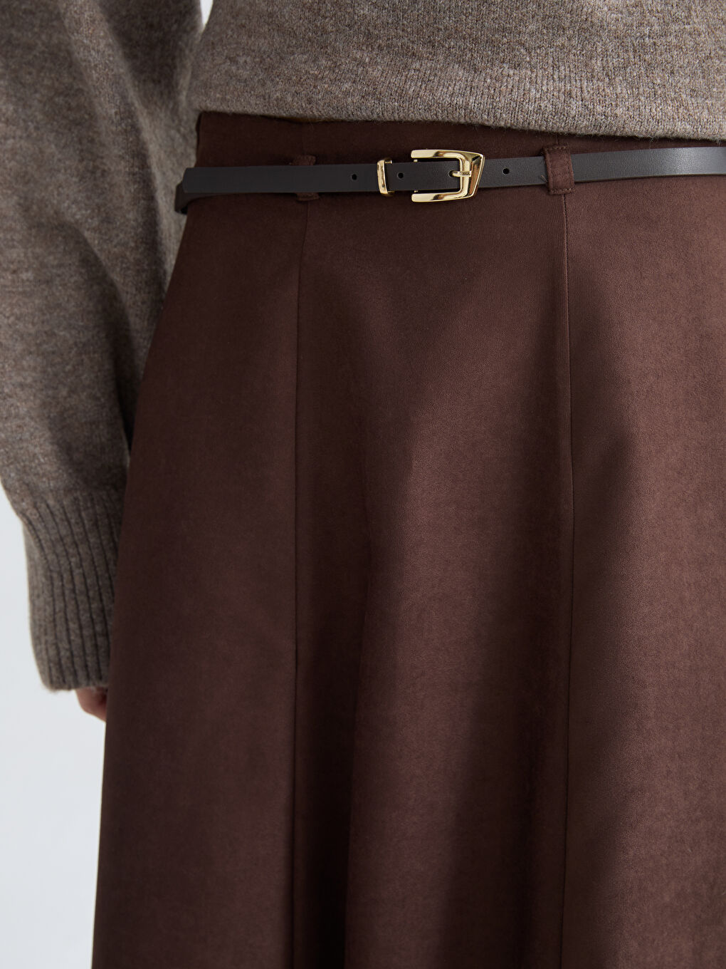 Kahverengi Beli Fermuarlı Süet Görünümlü A Kesim Etek-2