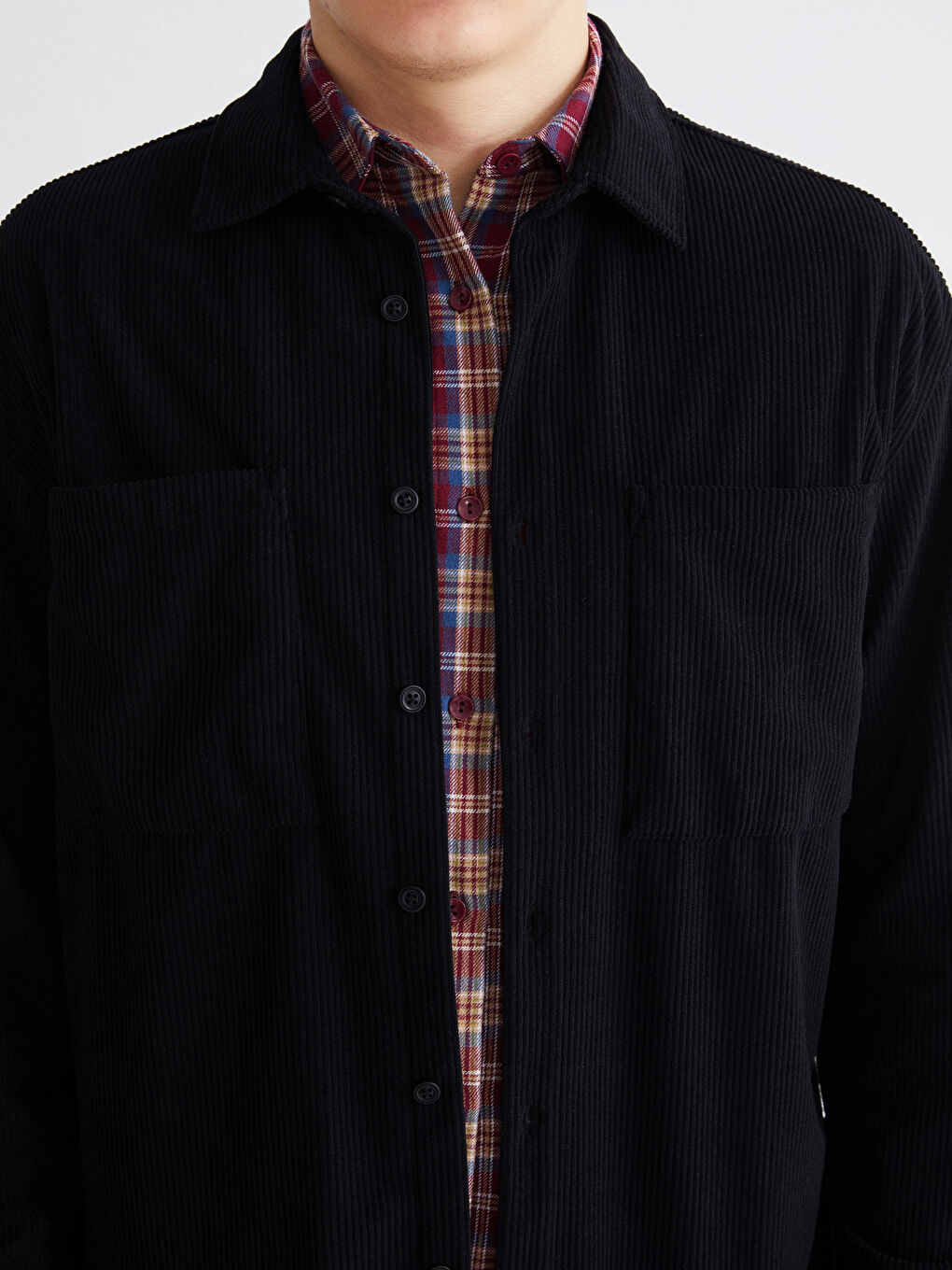 Siyah Regular Fit Uzun Kollu Kadife Erkek Gömlek-2