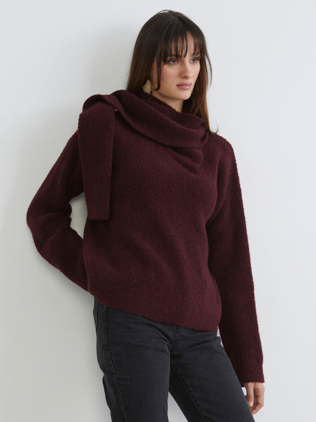 Bordo Şal Yaka Kadın Triko Kazak