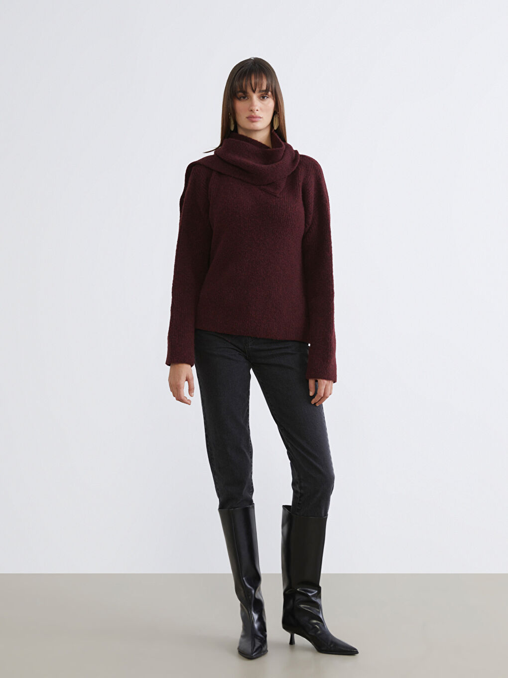 Bordo Şal Yaka Kadın Triko Kazak-1