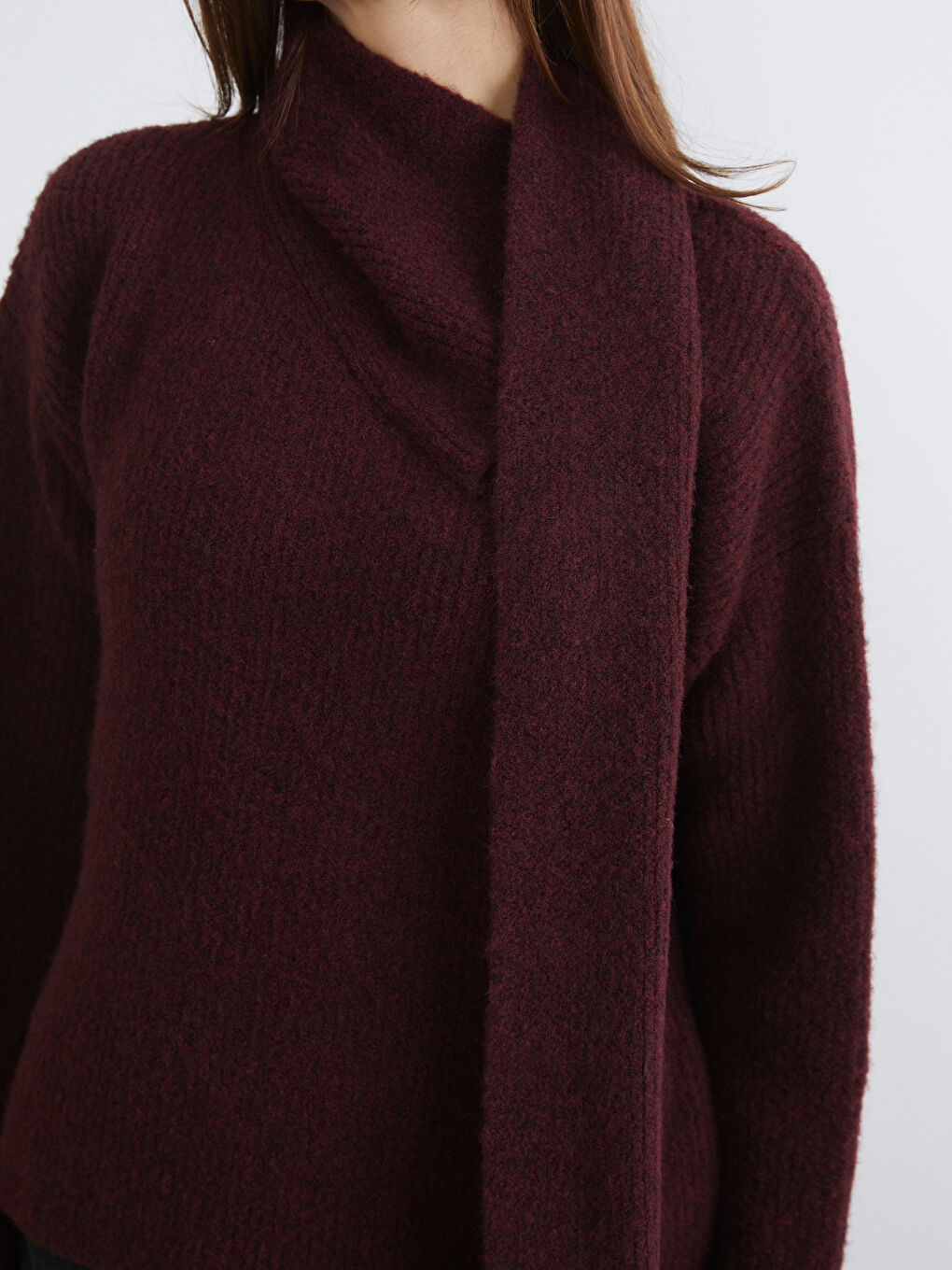 Bordo Şal Yaka Kadın Triko Kazak-2