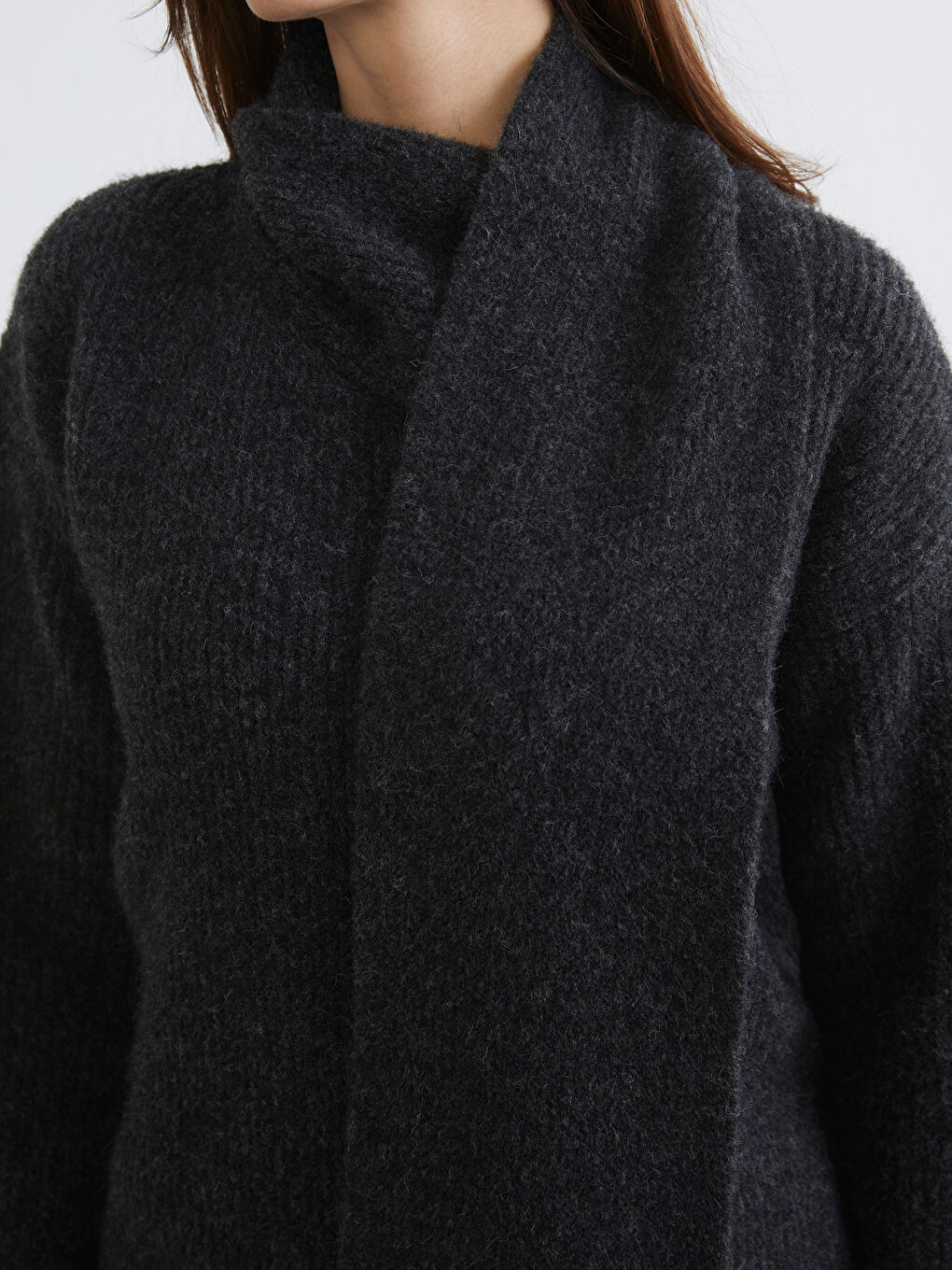 Gri Şal Yaka Kadın Triko Kazak-2