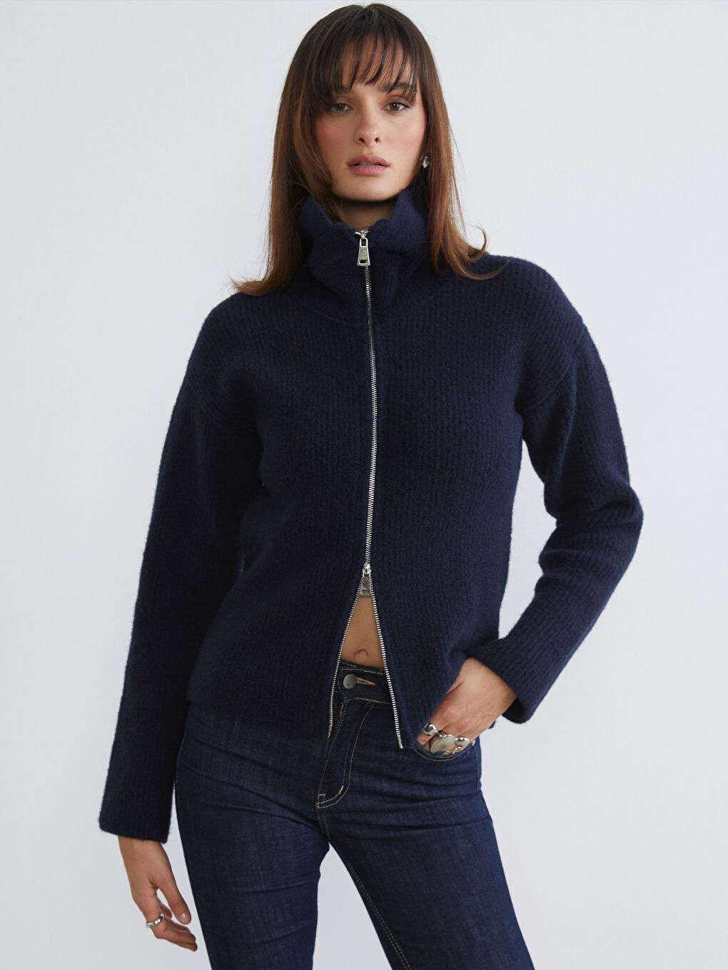 Lacivert Dik Yaka Kadın Triko Hırka