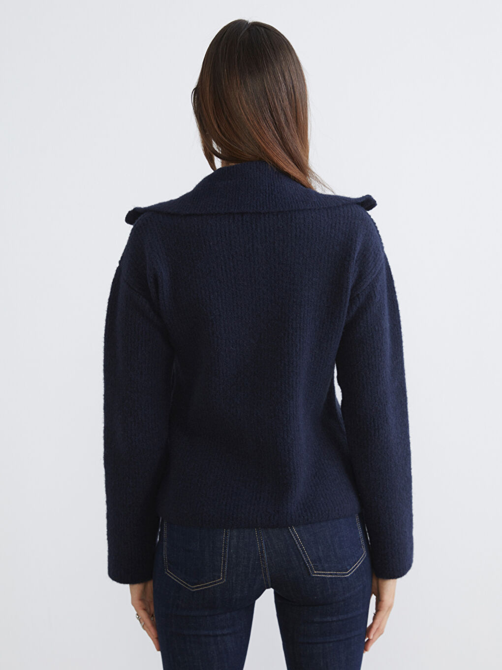 Lacivert Dik Yaka Kadın Triko Hırka-3