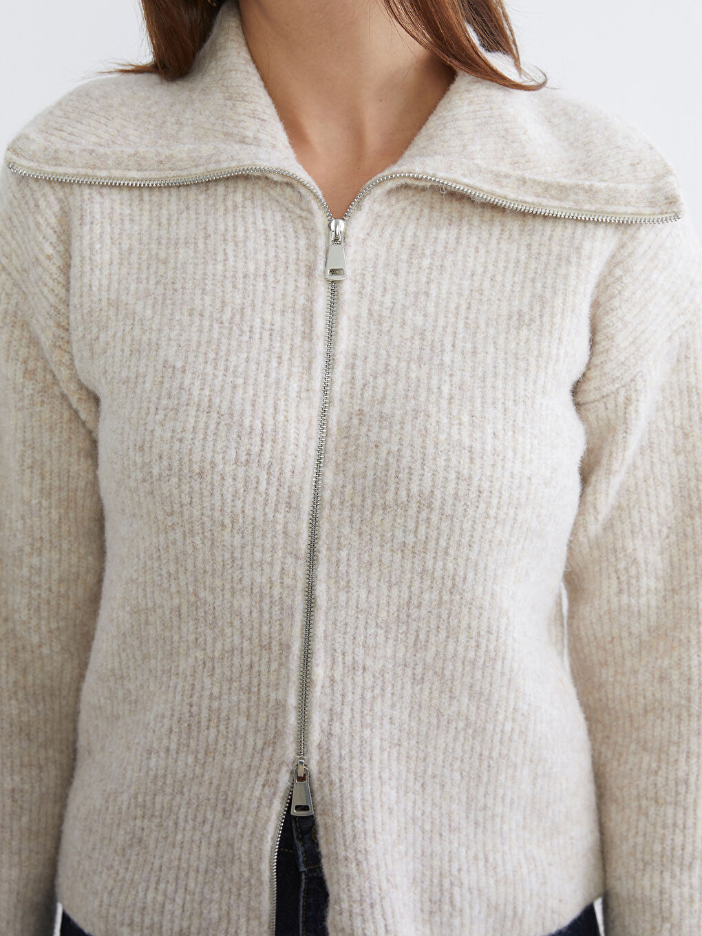 Bej Dik Yaka Kadın Triko Hırka-2