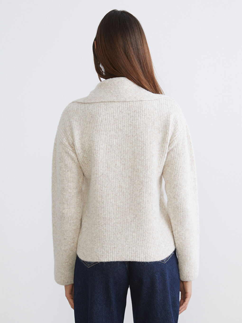 Bej Dik Yaka Kadın Triko Hırka-3