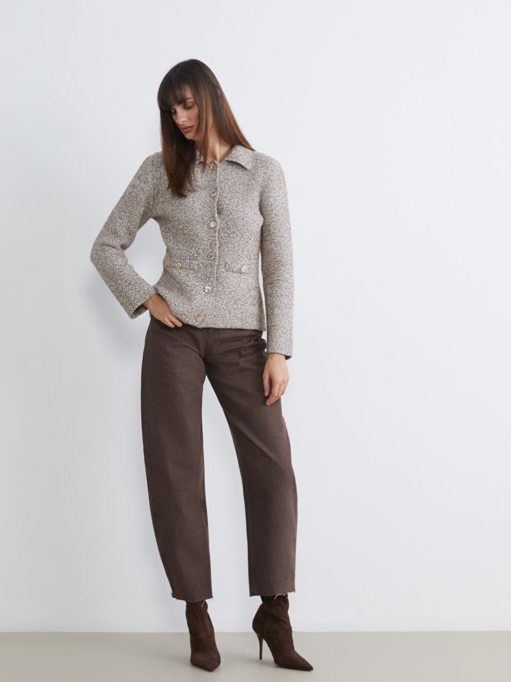 Bej Polo Yaka Kadın Triko Hırka-1