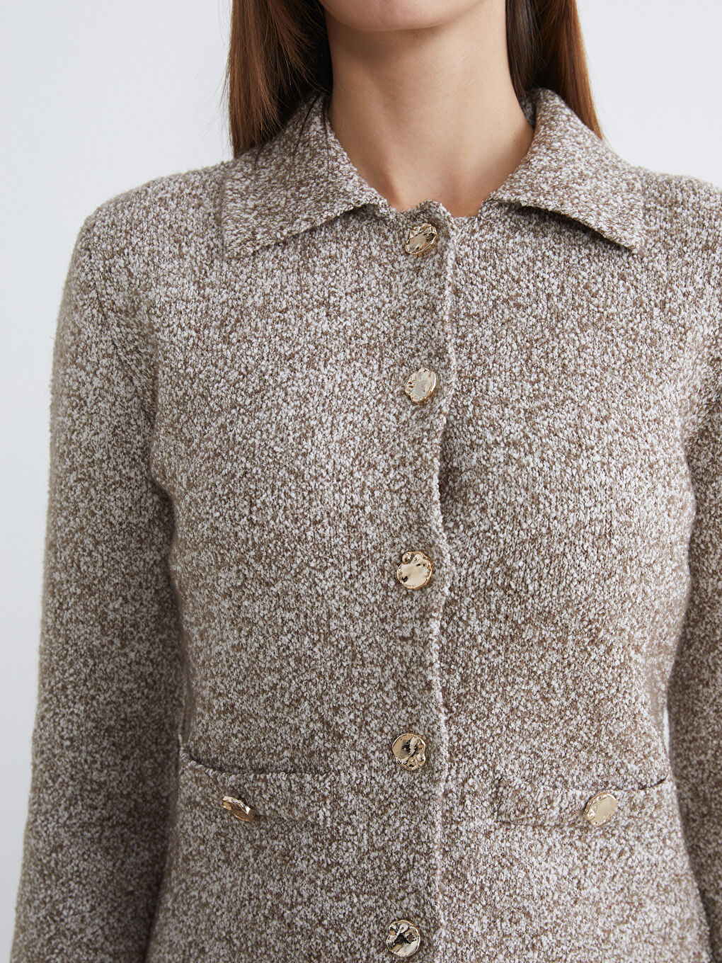 Bej Polo Yaka Kadın Triko Hırka-2