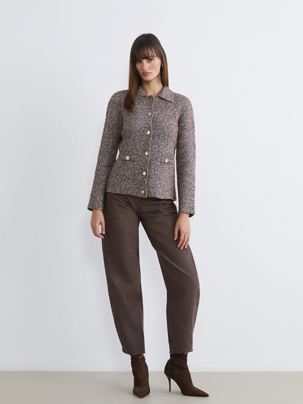 Kahverengi Polo Yaka Kadın Triko Hırka-1