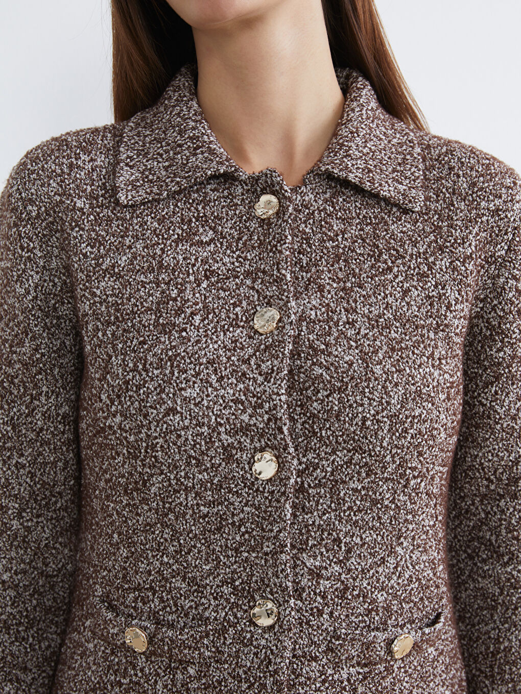 Kahverengi Polo Yaka Kadın Triko Hırka-2