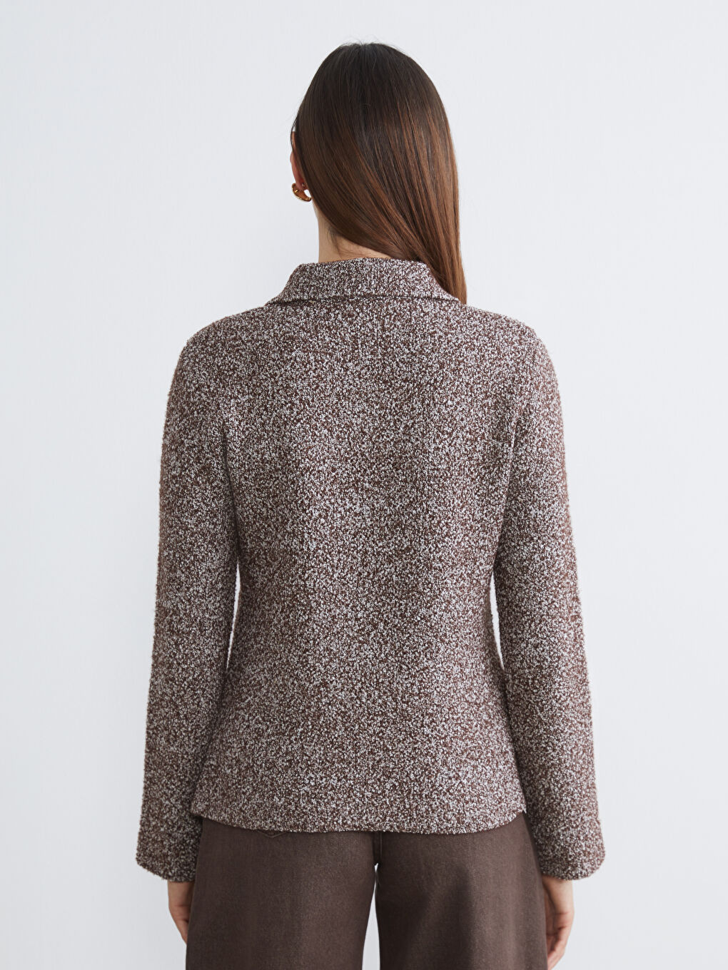 Kahverengi Polo Yaka Kadın Triko Hırka-3