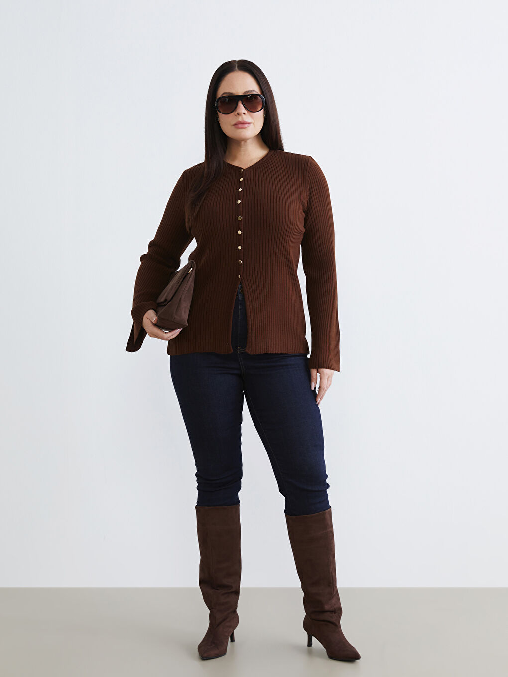 Kahverengi Büyük Beden V Yaka Kadın Triko Hırka-2