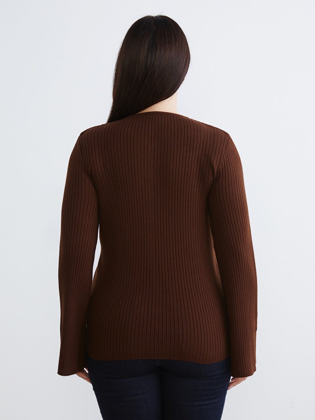 Kahverengi Büyük Beden V Yaka Kadın Triko Hırka-4