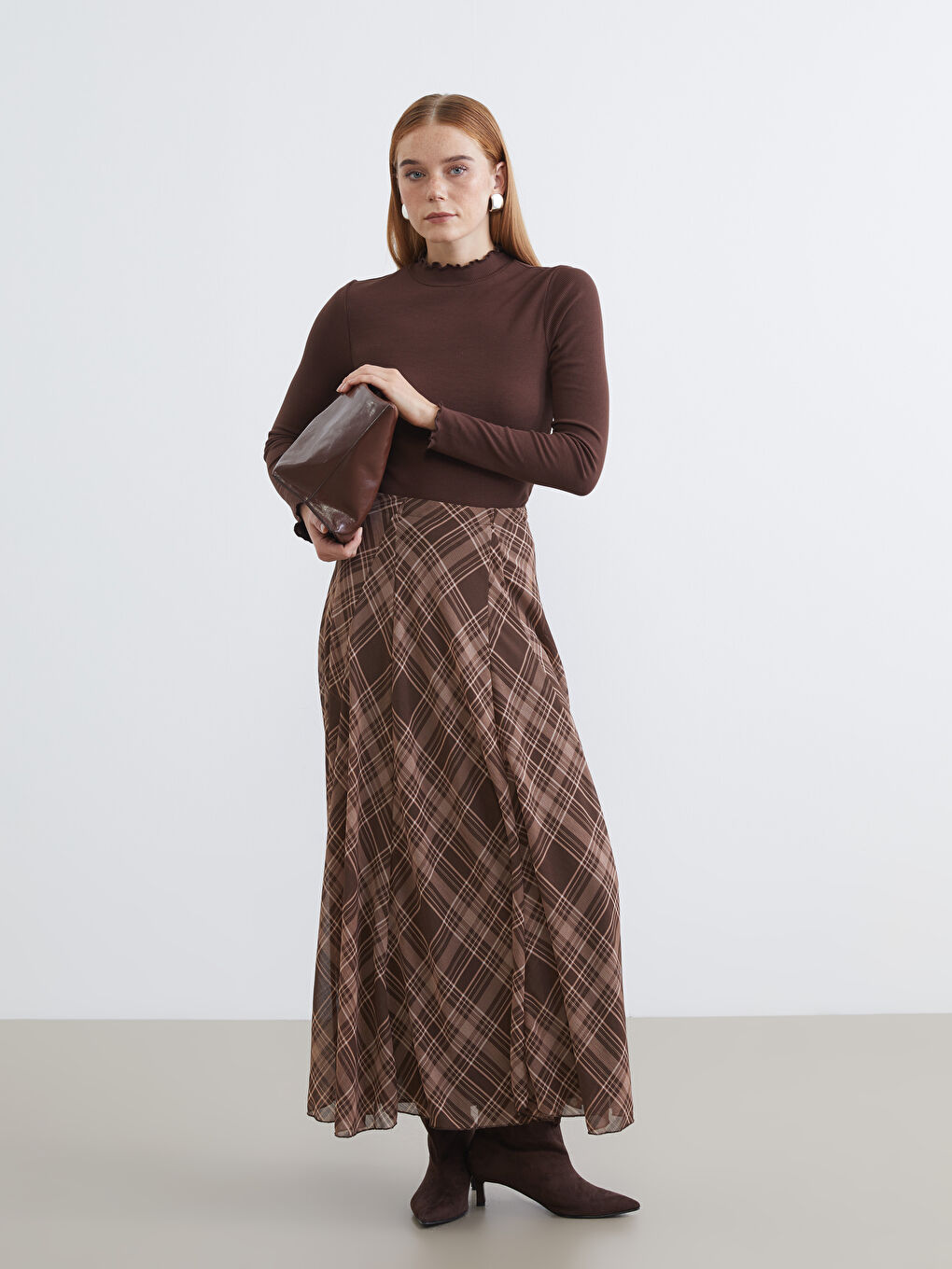 Kahverengi Beli Fermuarlı Ekose Kloş Etek