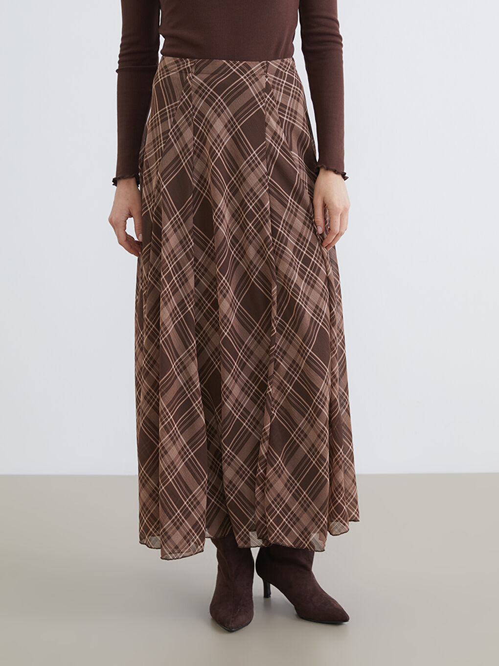 Kahverengi Beli Fermuarlı Ekose Kloş Etek-1