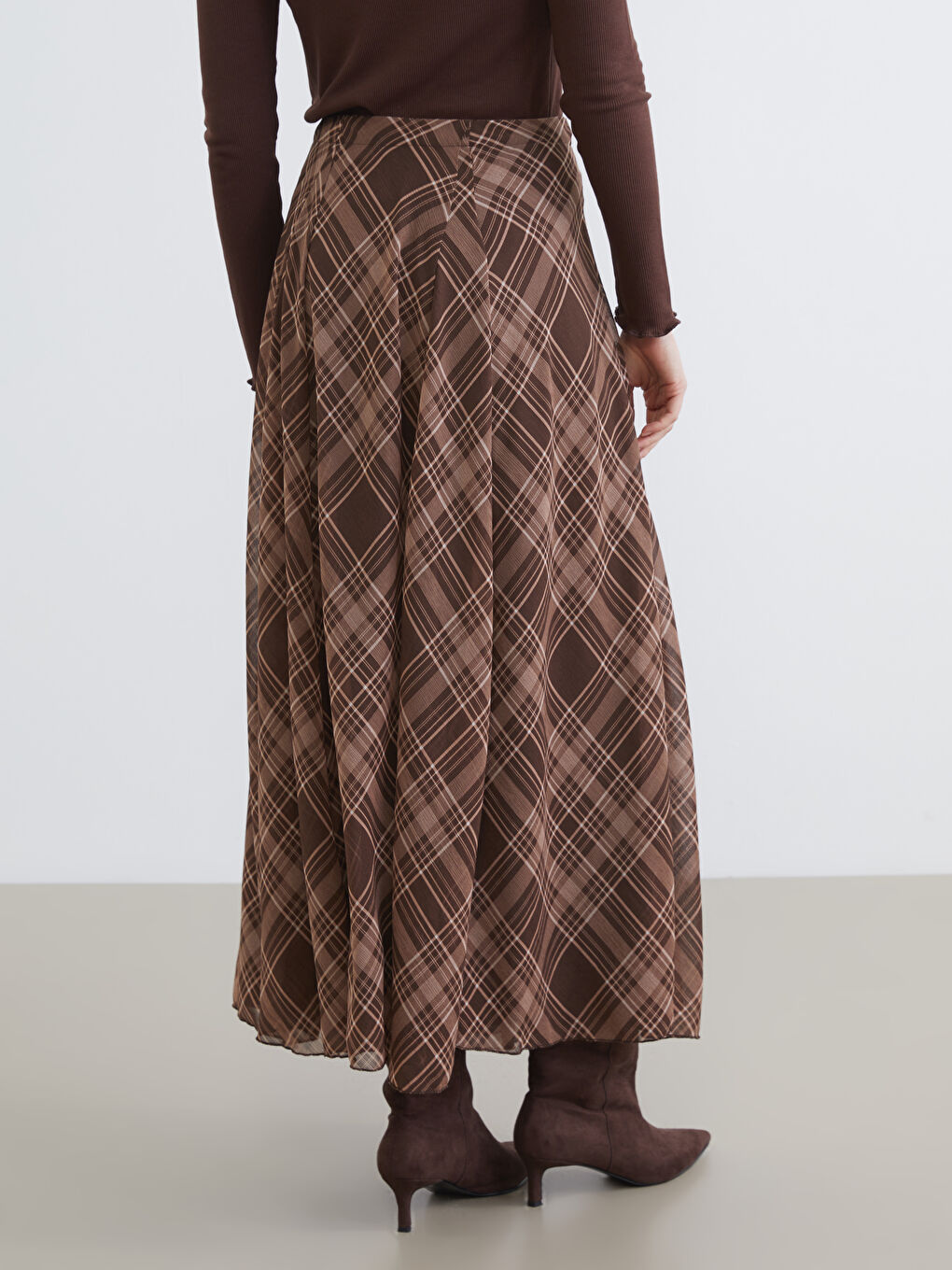 Kahverengi Beli Fermuarlı Ekose Kloş Etek-3