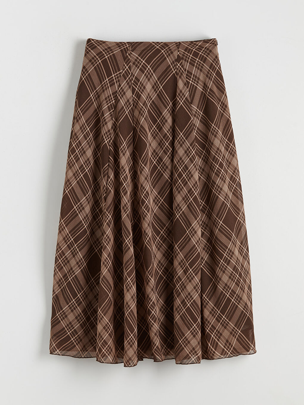 Kahverengi Beli Fermuarlı Ekose Kloş Etek-4