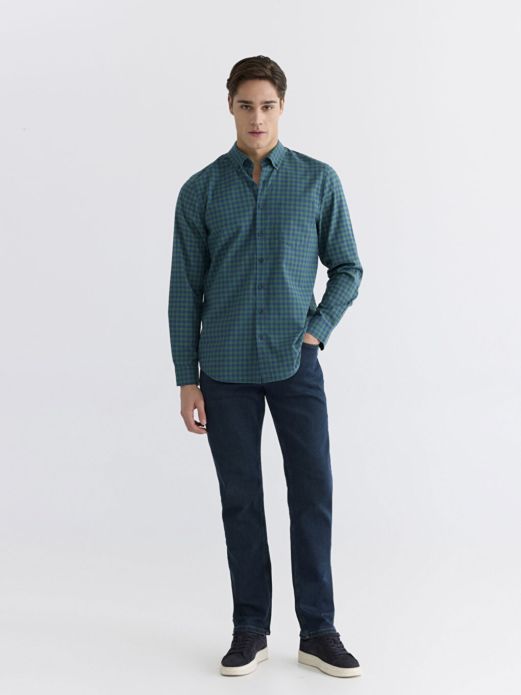 Yeşil Regular Fit Ekose Poplin Erkek Gömlek-1