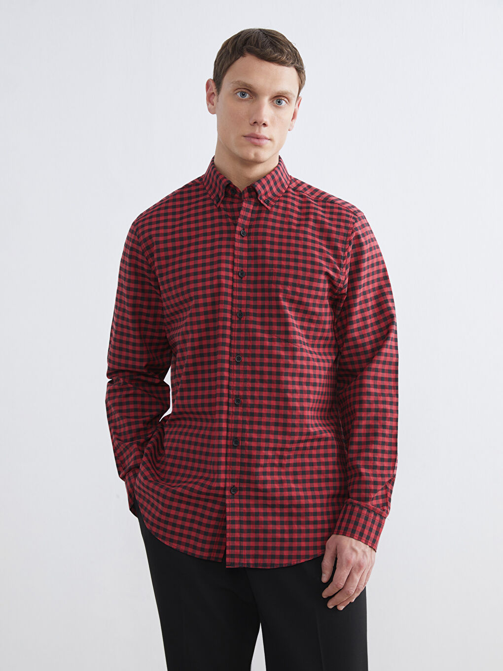 Kırmızı Regular Fit Ekose Poplin Erkek Gömlek