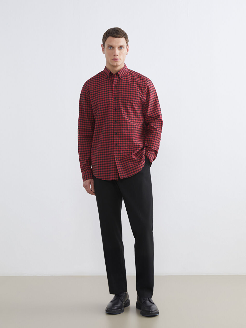 Kırmızı Regular Fit Ekose Poplin Erkek Gömlek-1