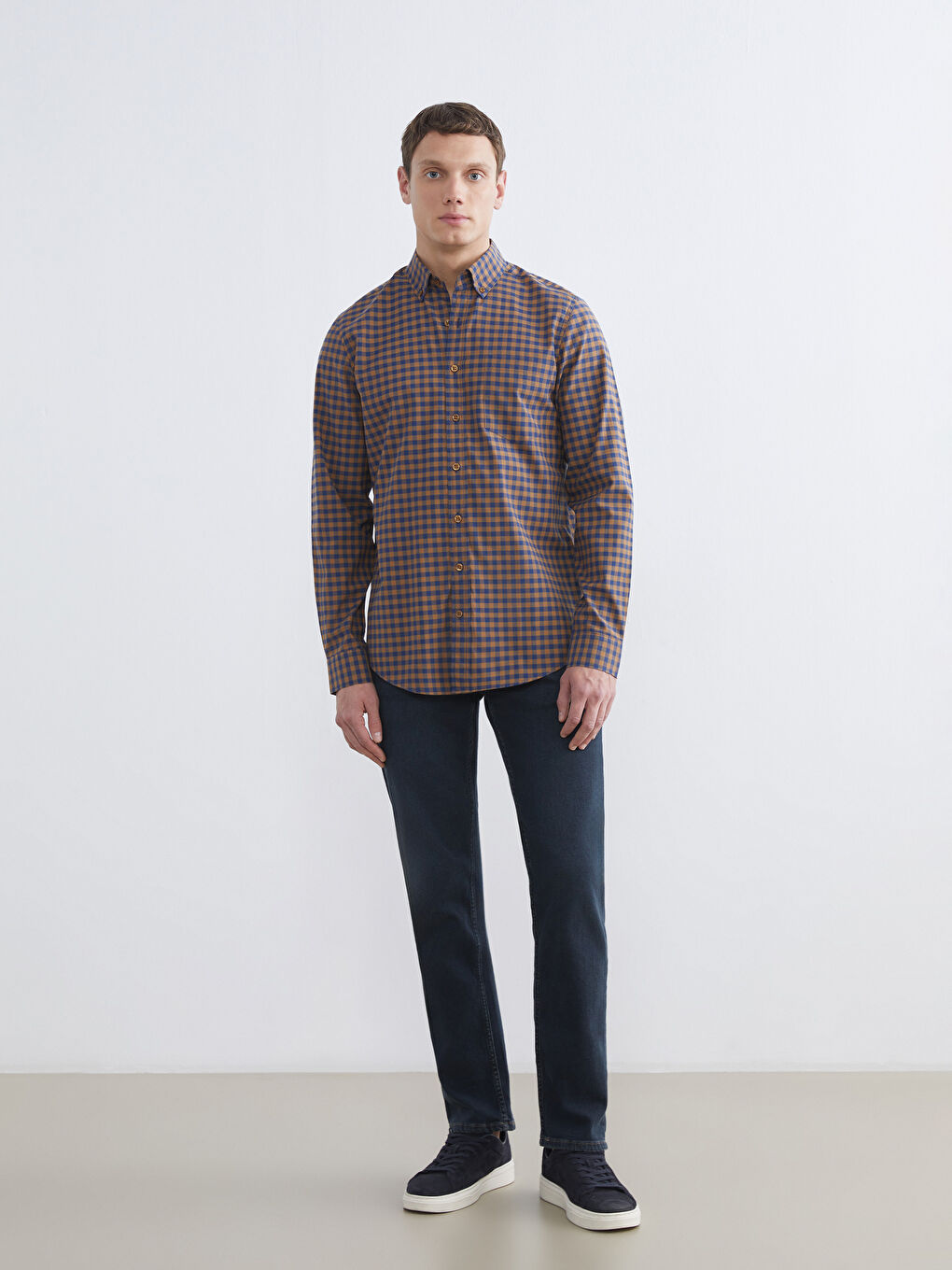 Sarı Regular Fit Ekose Poplin Erkek Gömlek-1