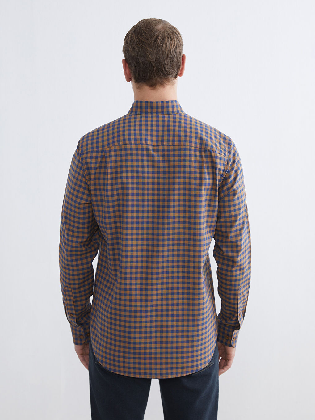 Sarı Regular Fit Ekose Poplin Erkek Gömlek-3