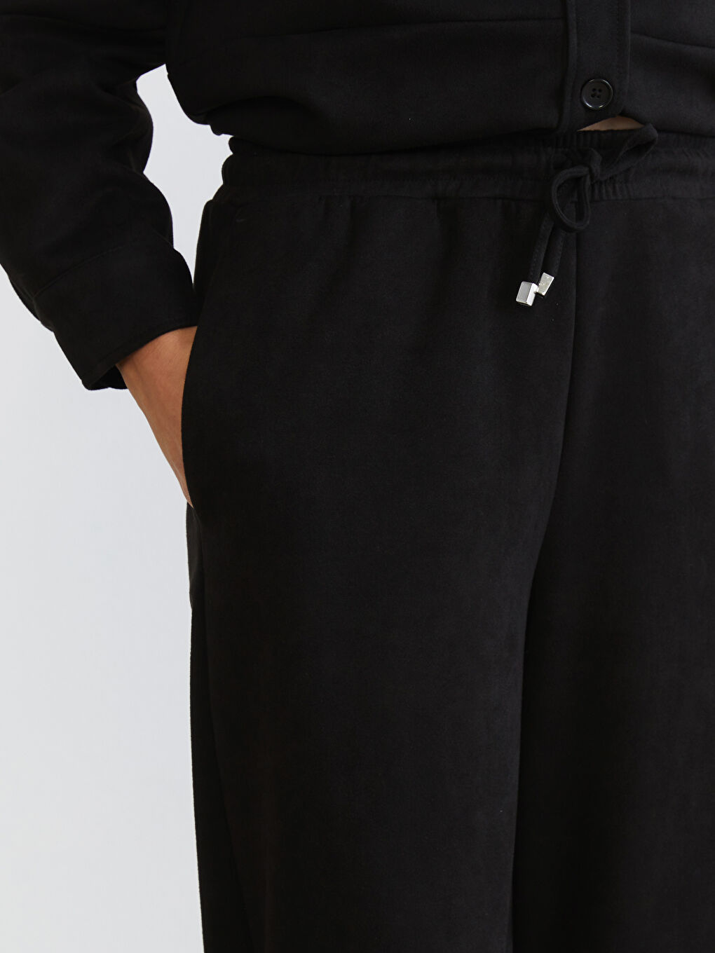 Siyah Beli Lastikli Süet Görünümlü Kadın Jogger Pantolon-2