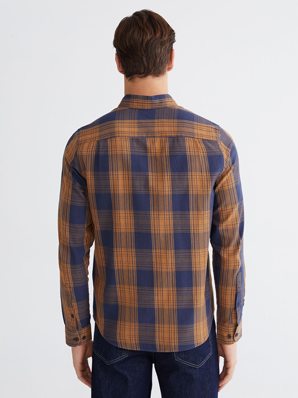 Lacivert Regular Fit Ekose Poplin Erkek Gömlek-3