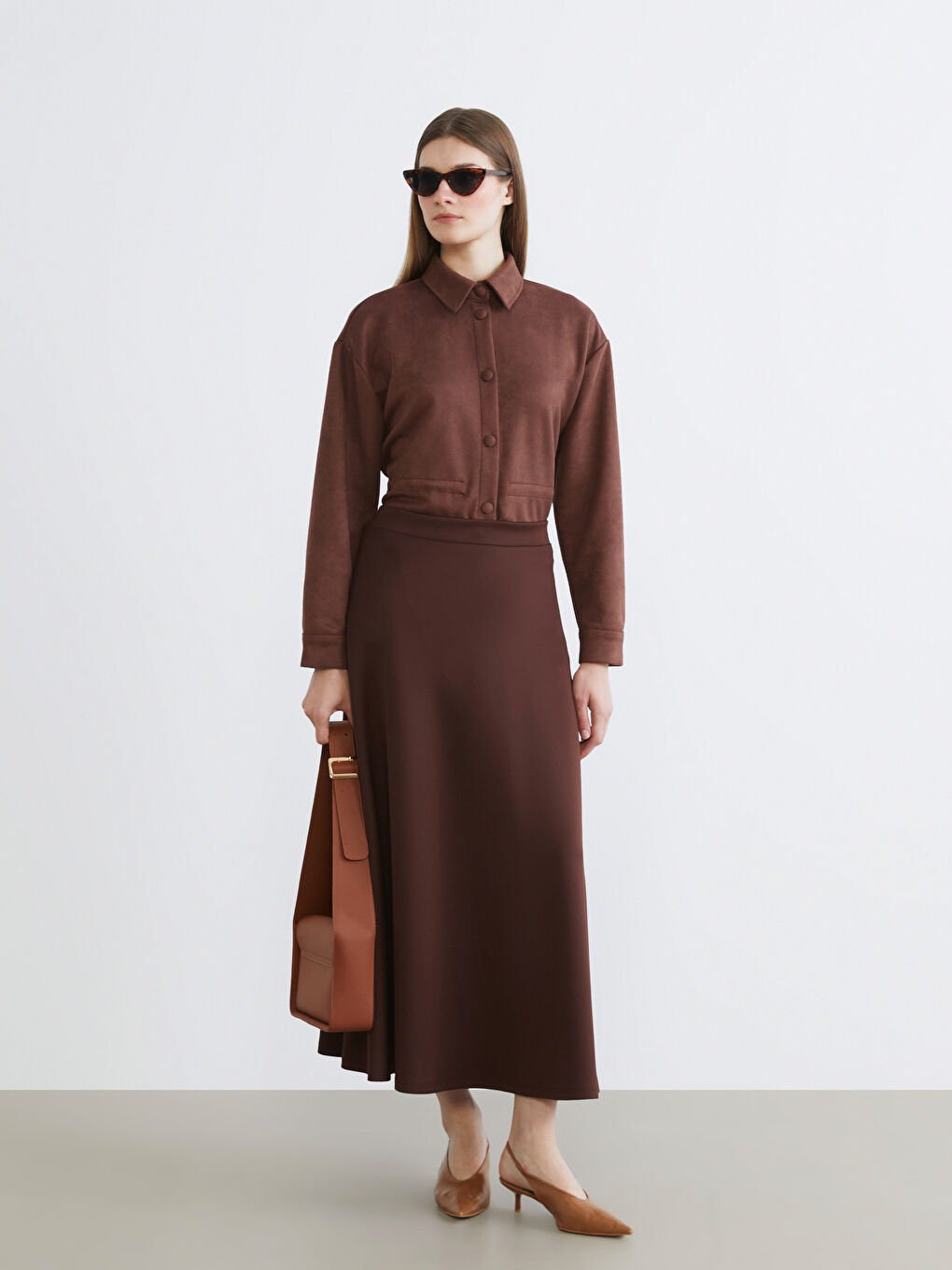 Kahverengi Beli Fermuarlı Kloş Etek-1