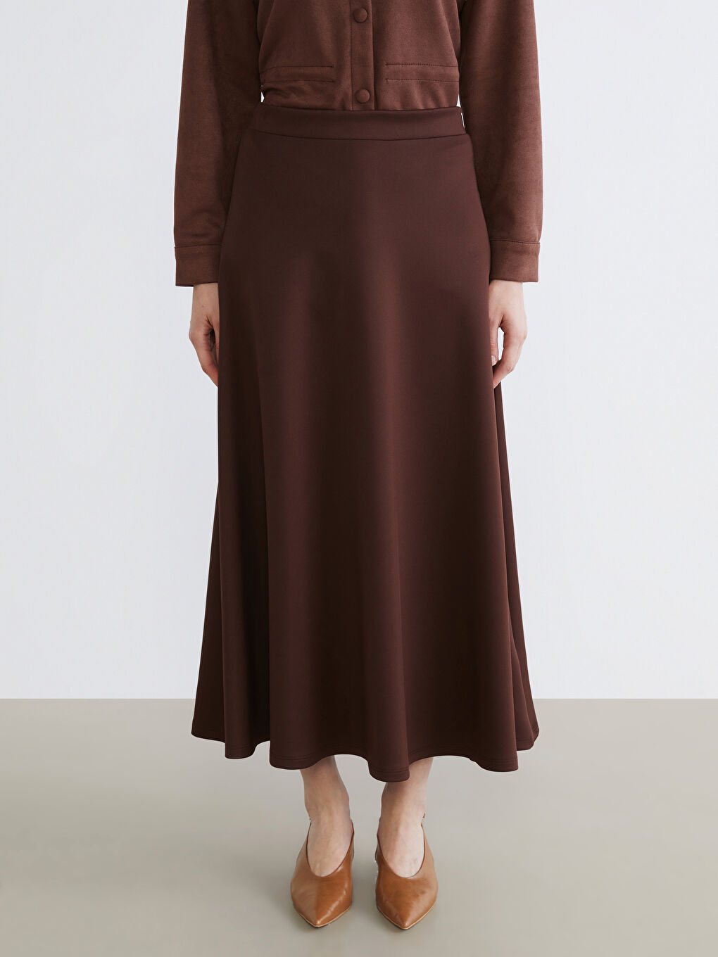 Kahverengi Beli Fermuarlı Kloş Etek-2