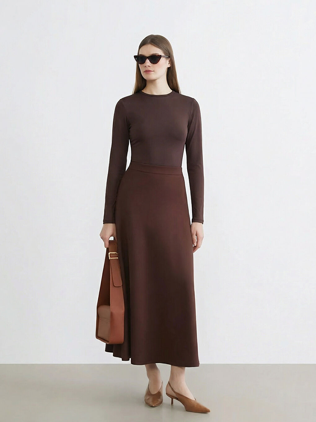 Kahverengi Beli Fermuarlı Kloş Etek