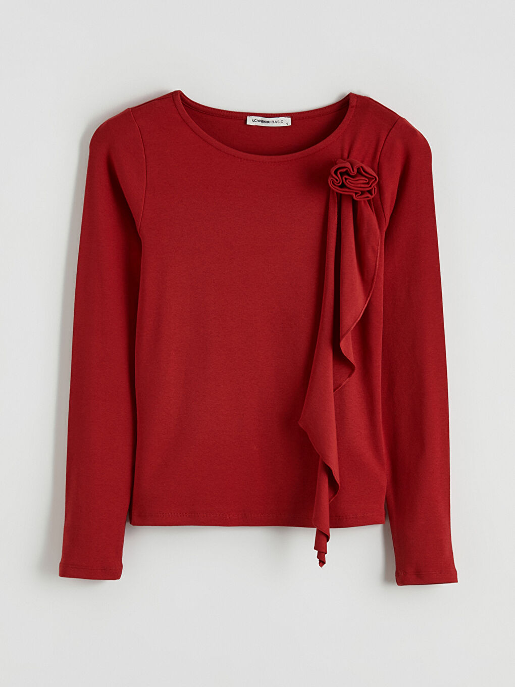 Kırmızı Bisiklet Yaka Çiçek Aplikeli Kadın Tişört-4