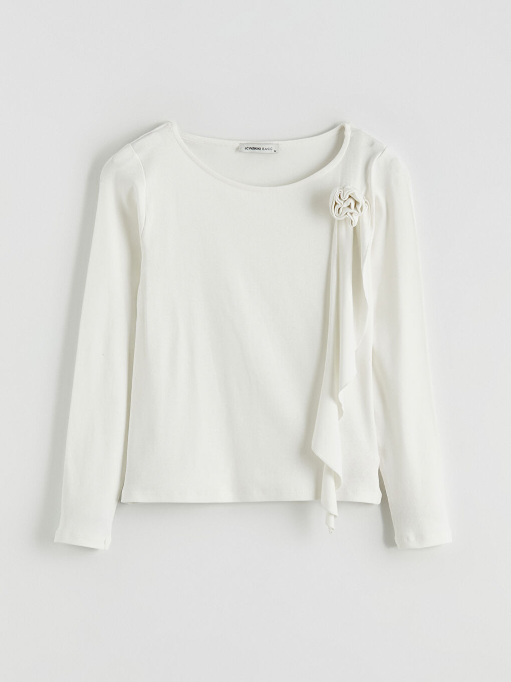 Ekru Bisiklet Yaka Çiçek Aplikeli Kadın Tişört-4