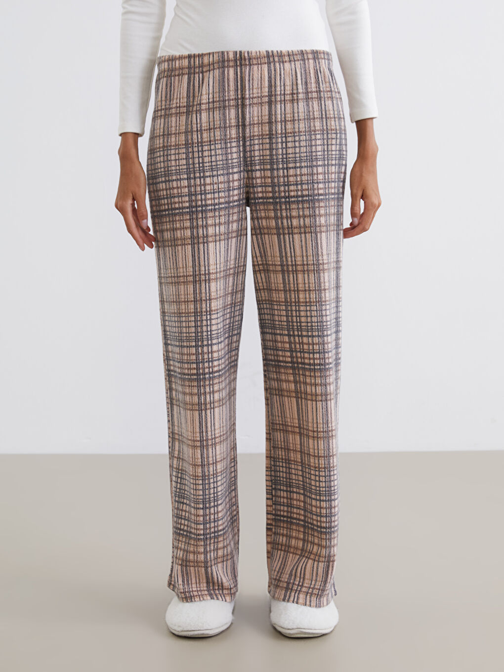 Kahverengi Beli Lastikli Ekose Kadın Pijama Altı-1