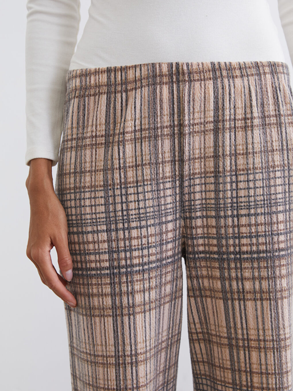 Kahverengi Beli Lastikli Ekose Kadın Pijama Altı-2